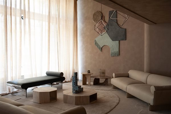 Beige Modern Travertine Hexagonal Side Tables Minimalist Stone Accent Pieces