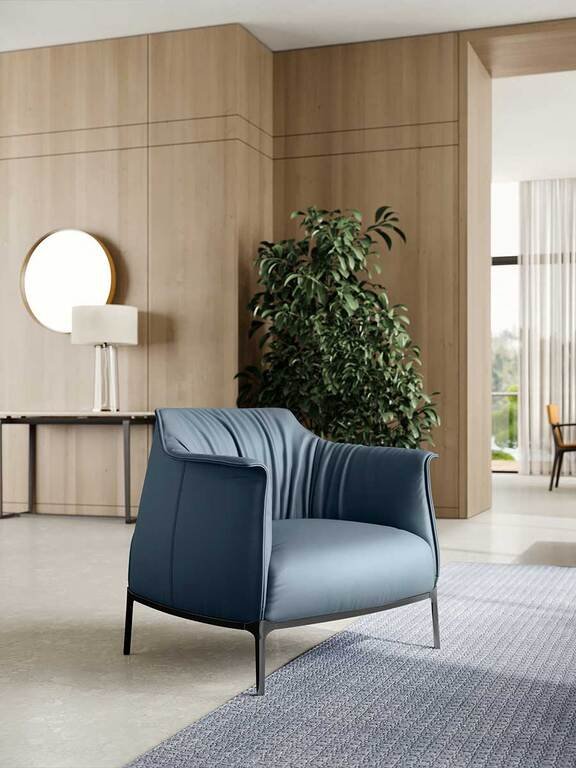 Armchair Upholstered in Brown Leather with Steel Frame in Gunmetal Grey Finish