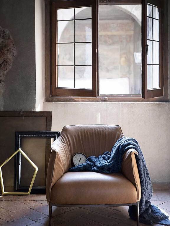 Armchair Upholstered in Brown Leather with Steel Frame in Gunmetal Grey Finish