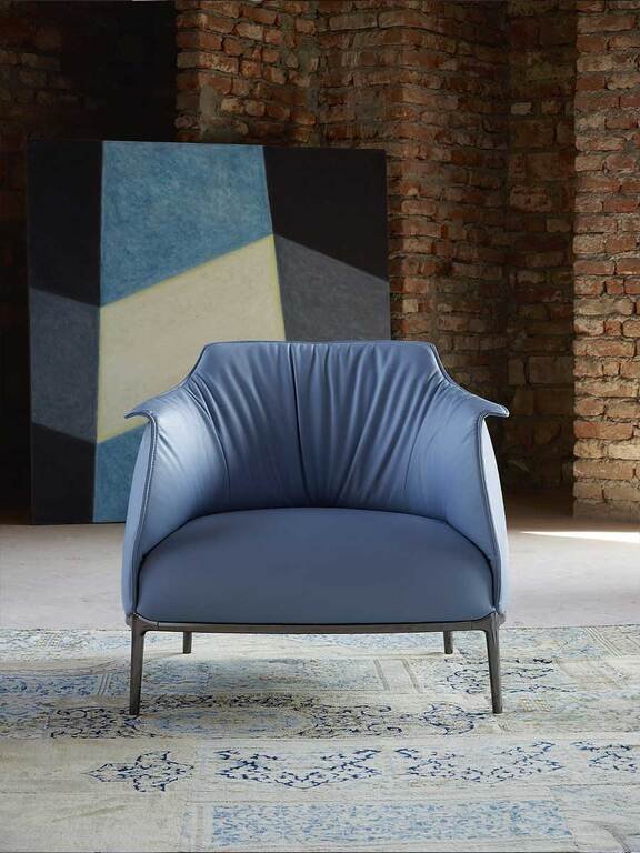 Armchair Upholstered in Brown Leather with Steel Frame in Gunmetal Grey Finish