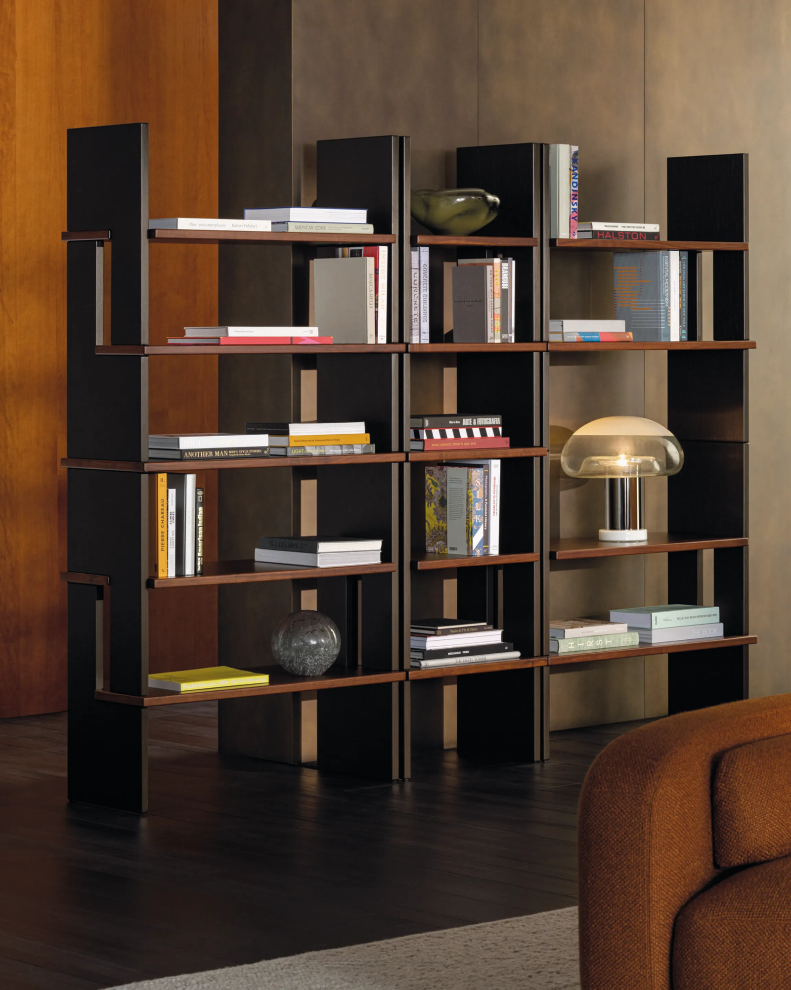 Contemporary Walnut Bookcase Modular Geometric Open Shelving Unit