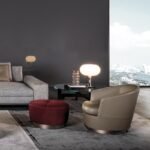 Luxury Swivel Brown Armchair with Goose Down Cushions and Bronze Metal Base