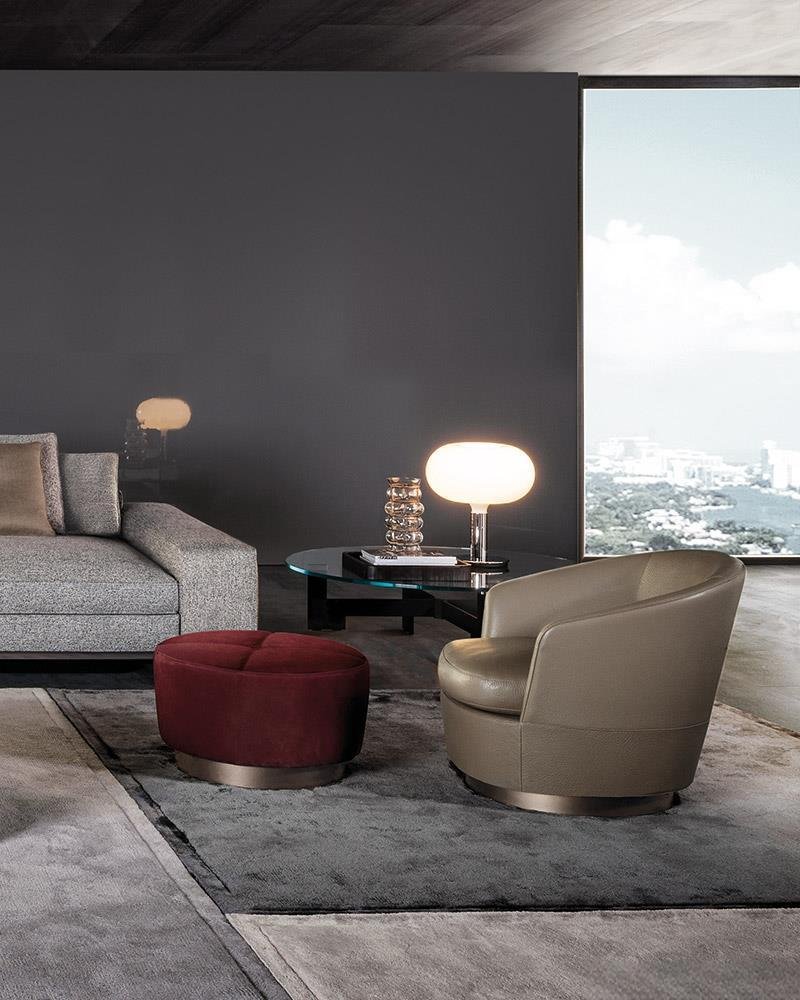 Luxury Swivel Brown Armchair with Goose Down Cushions and Bronze Metal Base