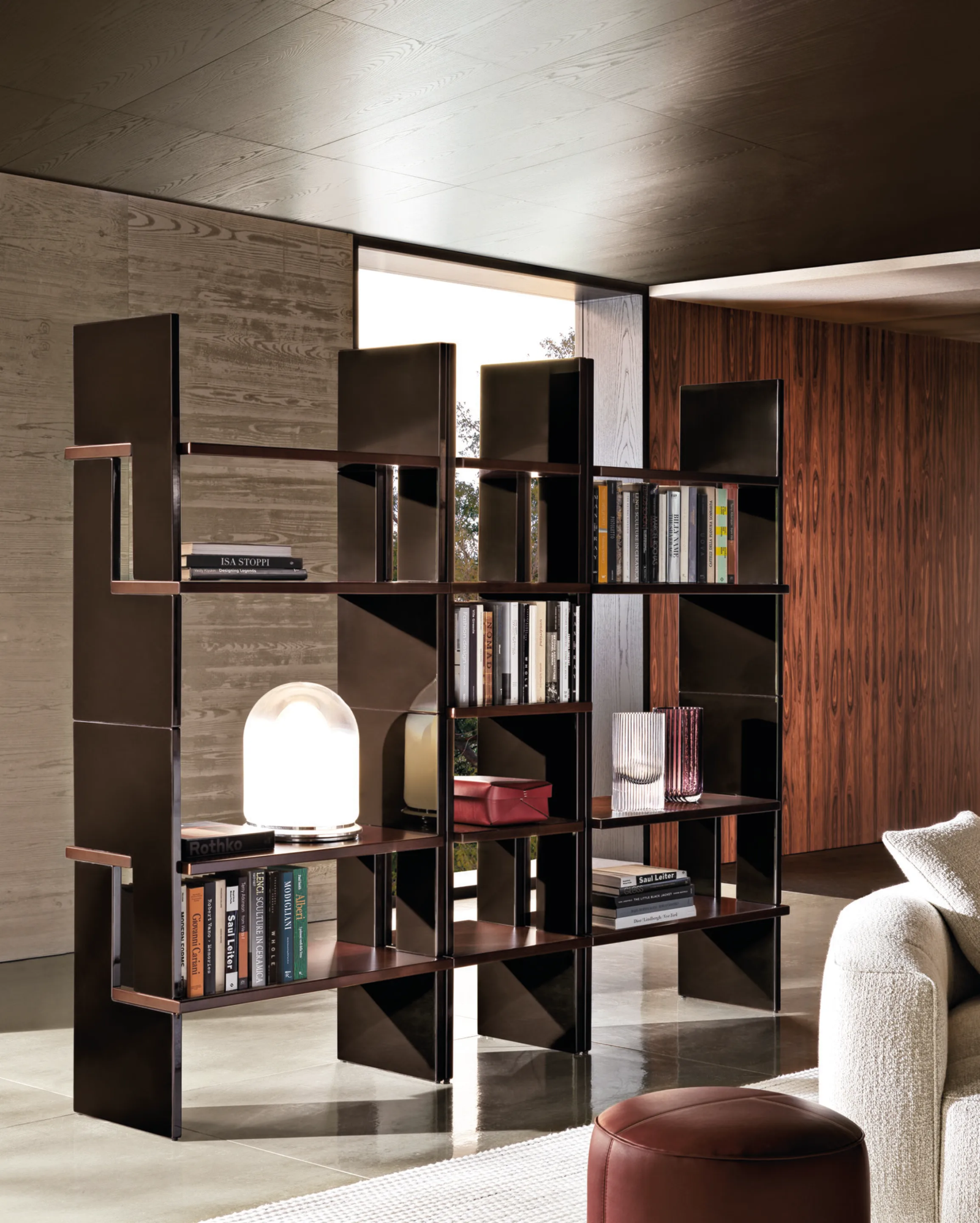 Contemporary Walnut Bookcase Modular Geometric Open Shelving Unit