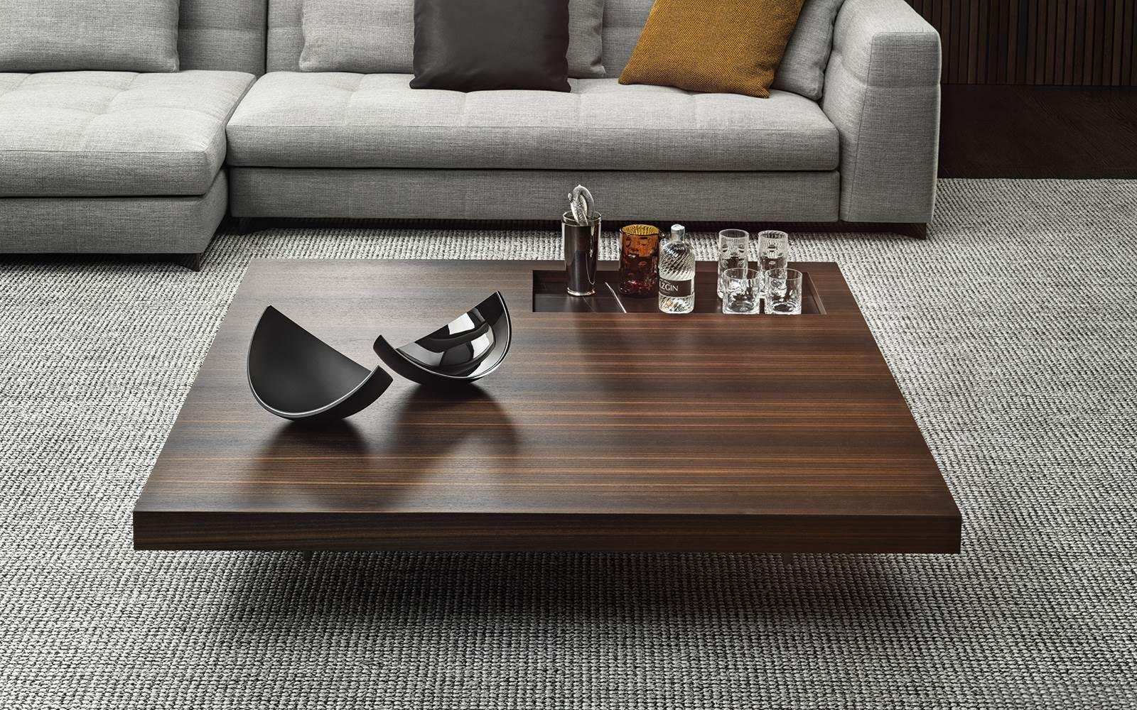 Marble Square Coffee Table with Metal Inlay & Geometric Base