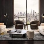 Luxury Swivel Brown Armchair with Goose Down Cushions and Bronze Metal Base