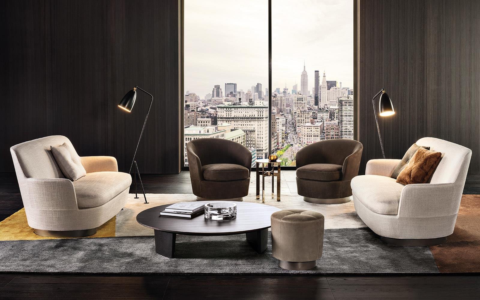 Luxury Swivel Brown Armchair with Goose Down Cushions and Bronze Metal Base