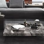 Marble Square Coffee Table with Metal Inlay & Geometric Base