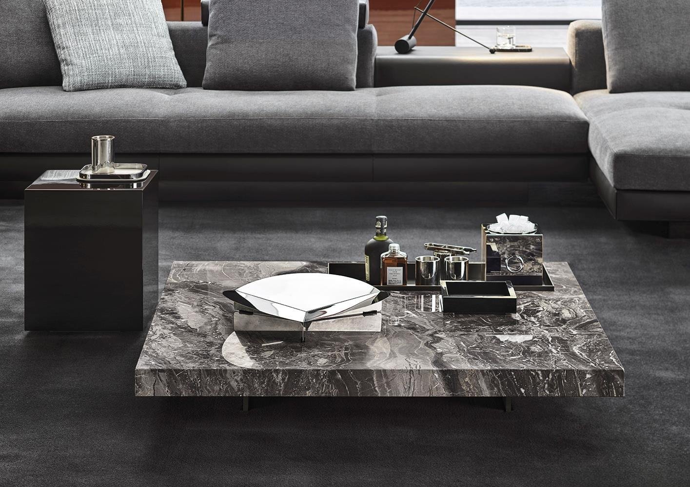 Marble Square Coffee Table with Metal Inlay & Geometric Base
