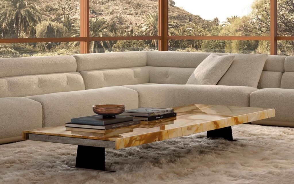 Beige Travertine Coffee Table Minimalist Metal Legs