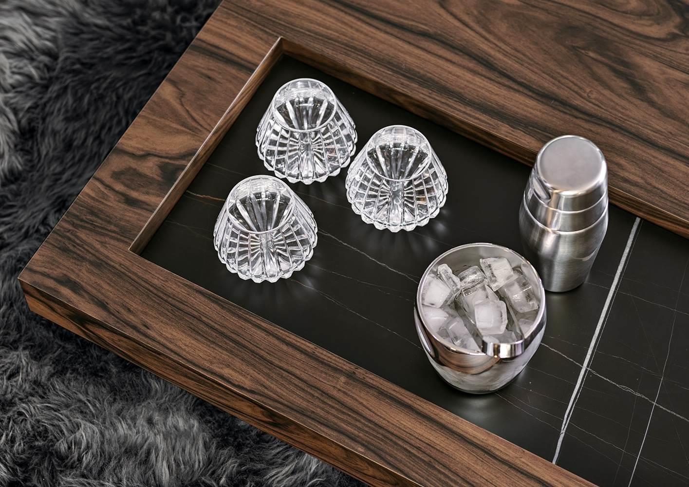 Marble Square Coffee Table with Metal Inlay & Geometric Base
