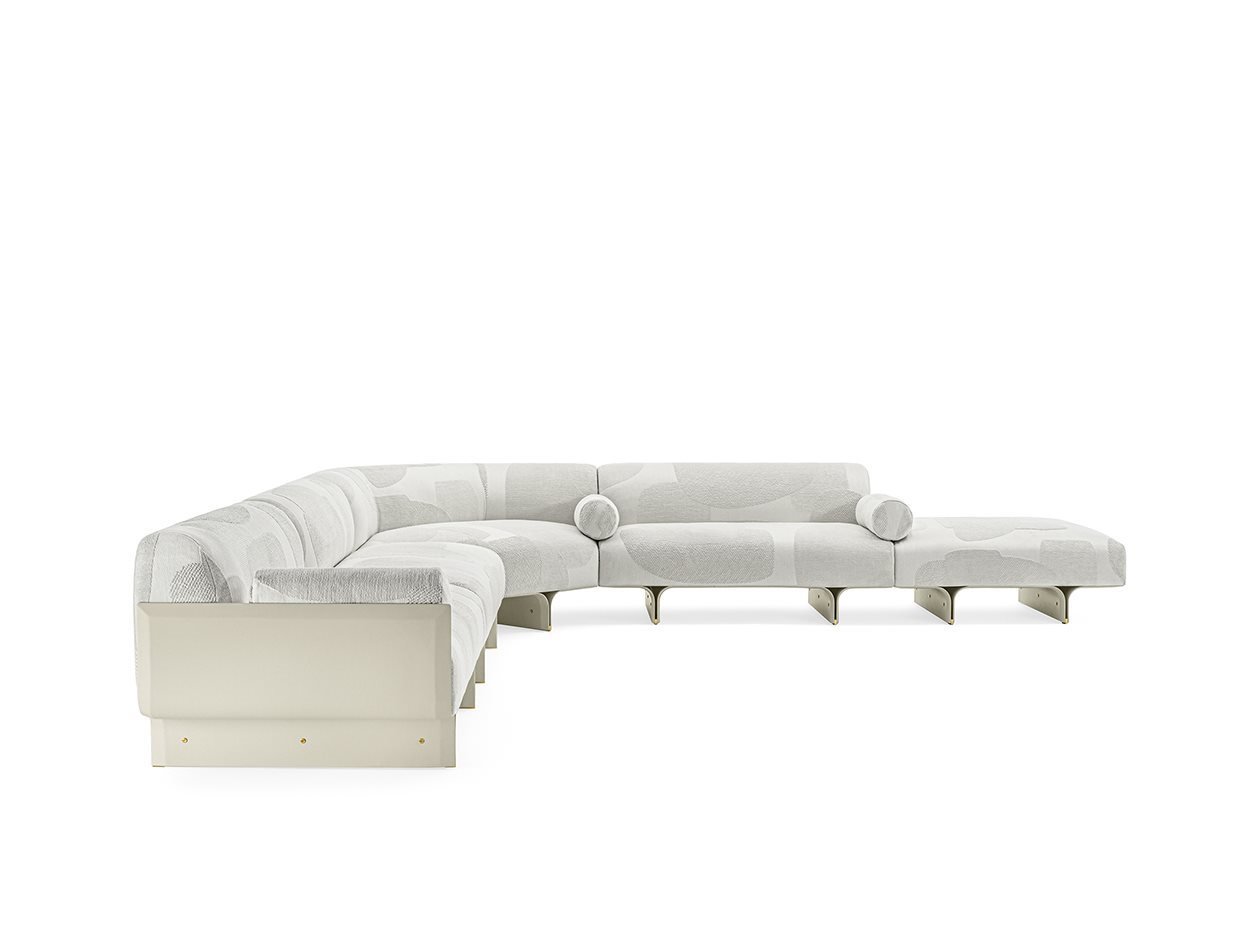 Luxury Modular Sofa Curved Wood Base Brass Accents Goose Down Cushions
