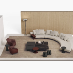 Sculptural Curved Sofa with Leather-Wrapped Base and Contrast Stitch Detailing