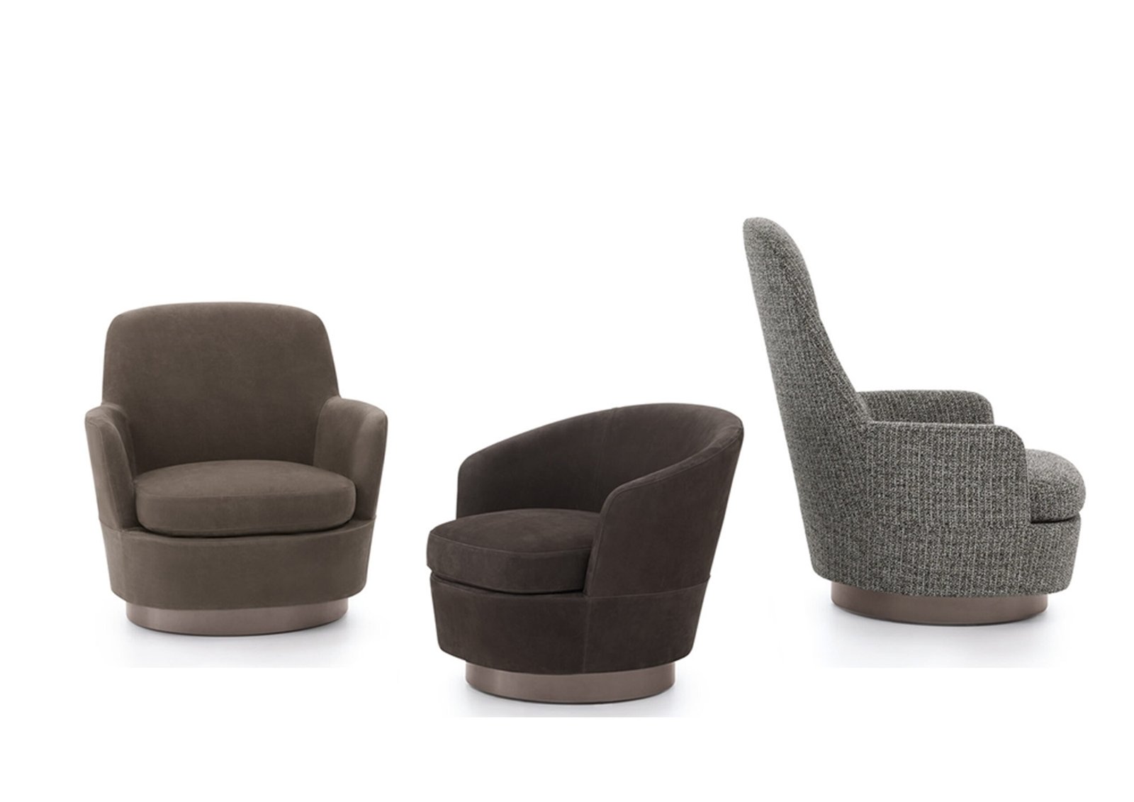 Luxury Swivel Brown Armchair with Goose Down Cushions and Bronze Metal Base