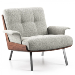 Genuine Leather Black Italian Minimalist Armchair with Wooden Legs