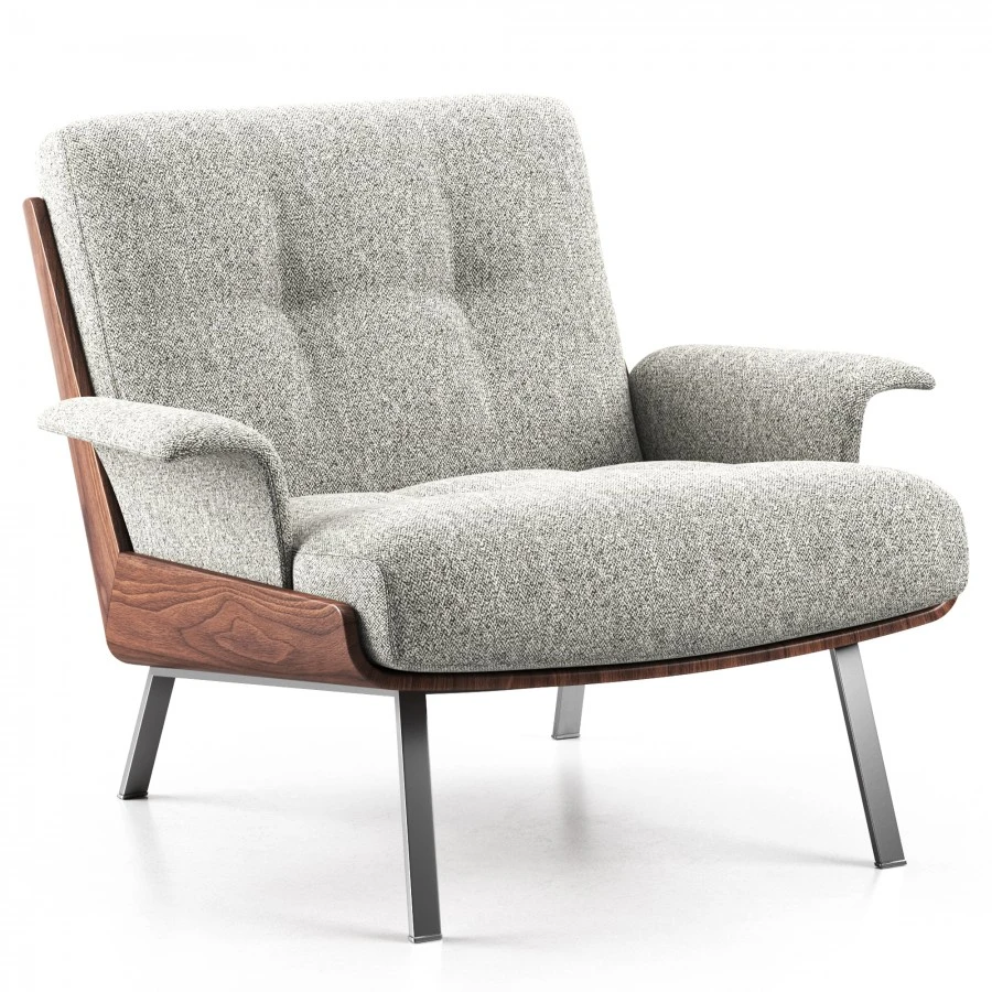 Genuine Leather Black Italian Minimalist Armchair with Wooden Legs