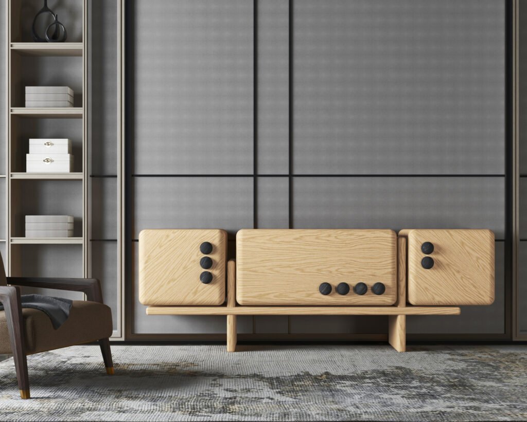 Oak Modular Sideboard Black Accent Buttons Minimalist Storage Furniture