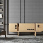 Oak Modular Sideboard Black Accent Buttons Minimalist Storage Furniture
