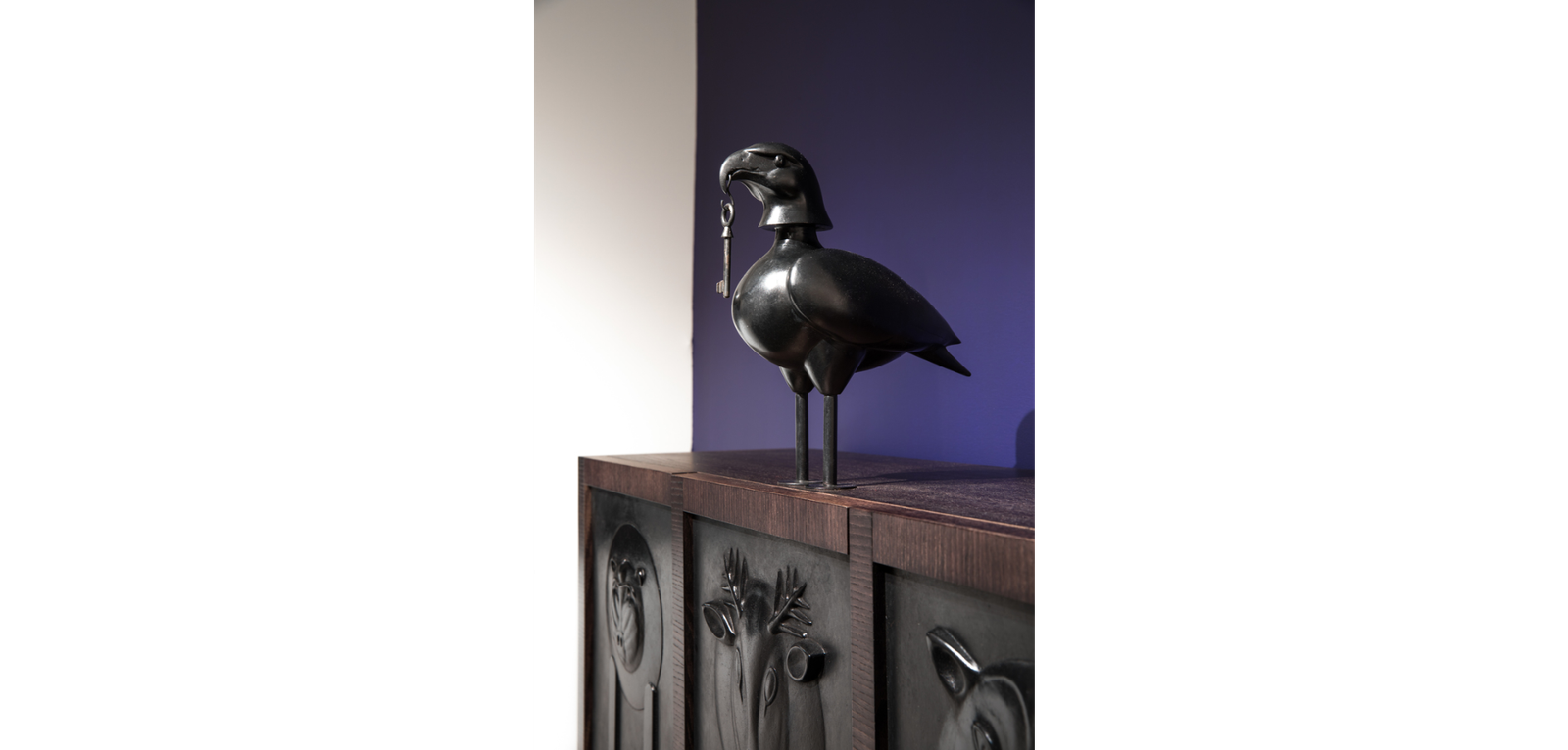 Animal Motif Drawer Cabinet Dark Wood Metal Accents Decorative Storage Furniture