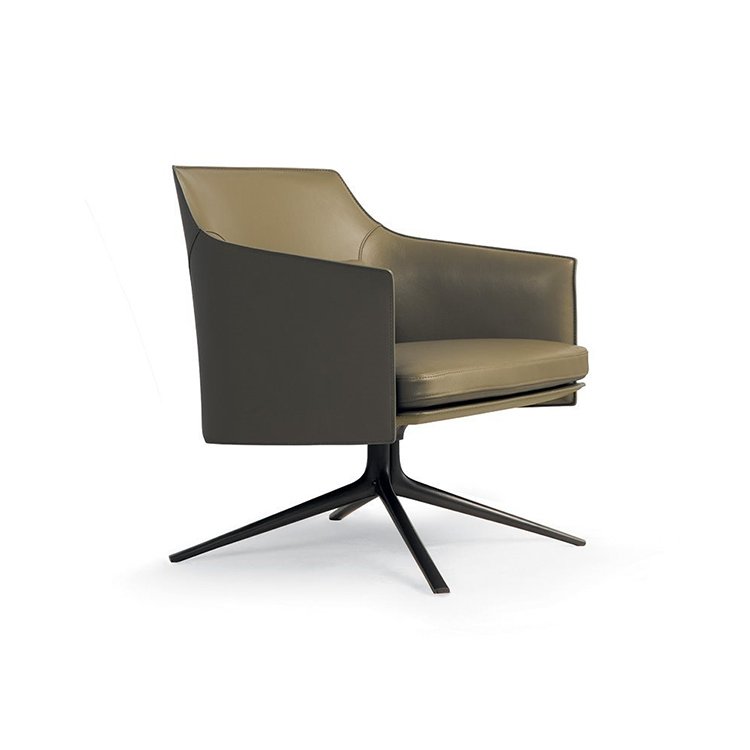 Olive Leather Swivel Chair Dark Metal Base Modern Lounge Seating