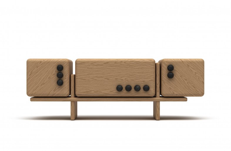 Oak Modular Sideboard Black Accent Buttons Minimalist Storage Furniture