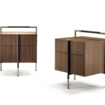 Walnut Veneer Nightstand with Black and Brass Frame