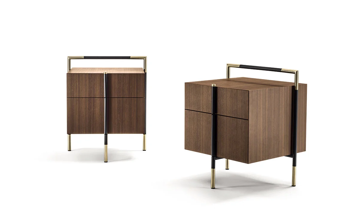 Walnut Veneer Nightstand with Black and Brass Frame