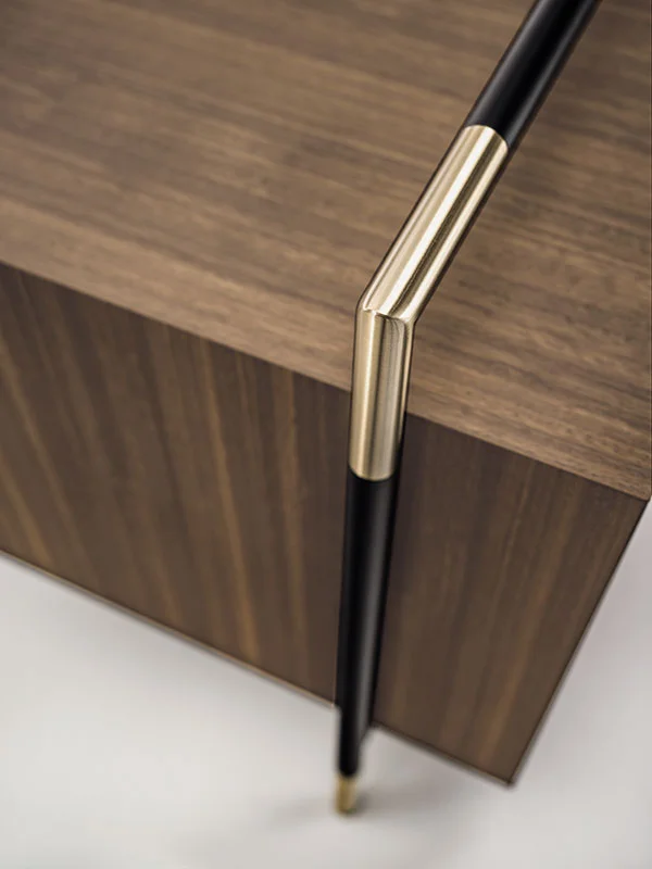 Walnut Veneer Nightstand with Black and Brass Frame