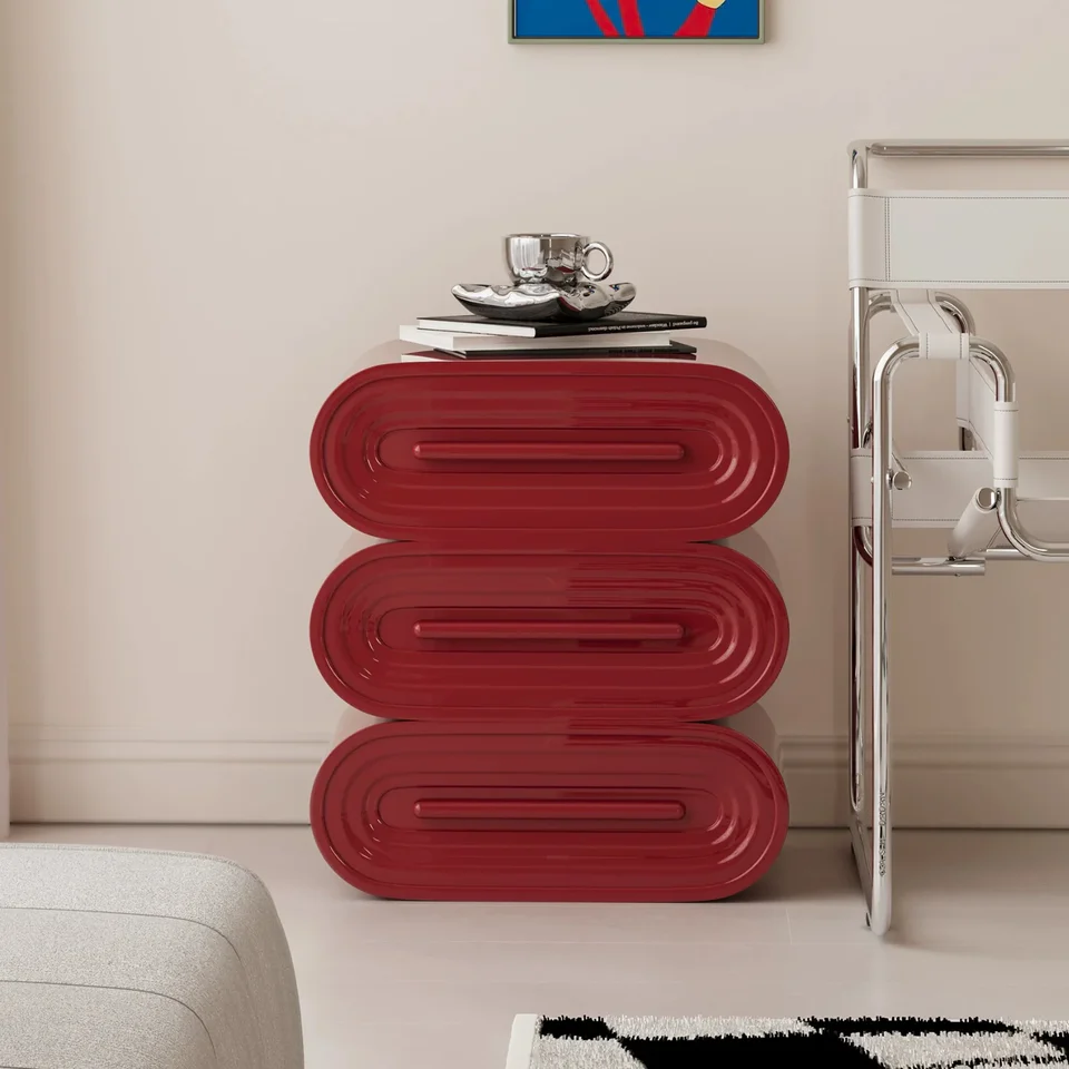3 Drawer Nightstand in Curved Pile Silhouette and High-gloss Piano Lacquer Finish