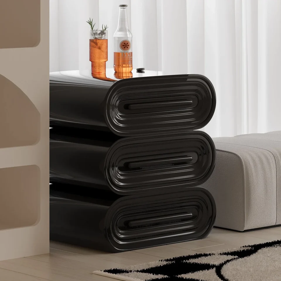 3 Drawer Nightstand in Curved Pile Silhouette and High-gloss Piano Lacquer Finish