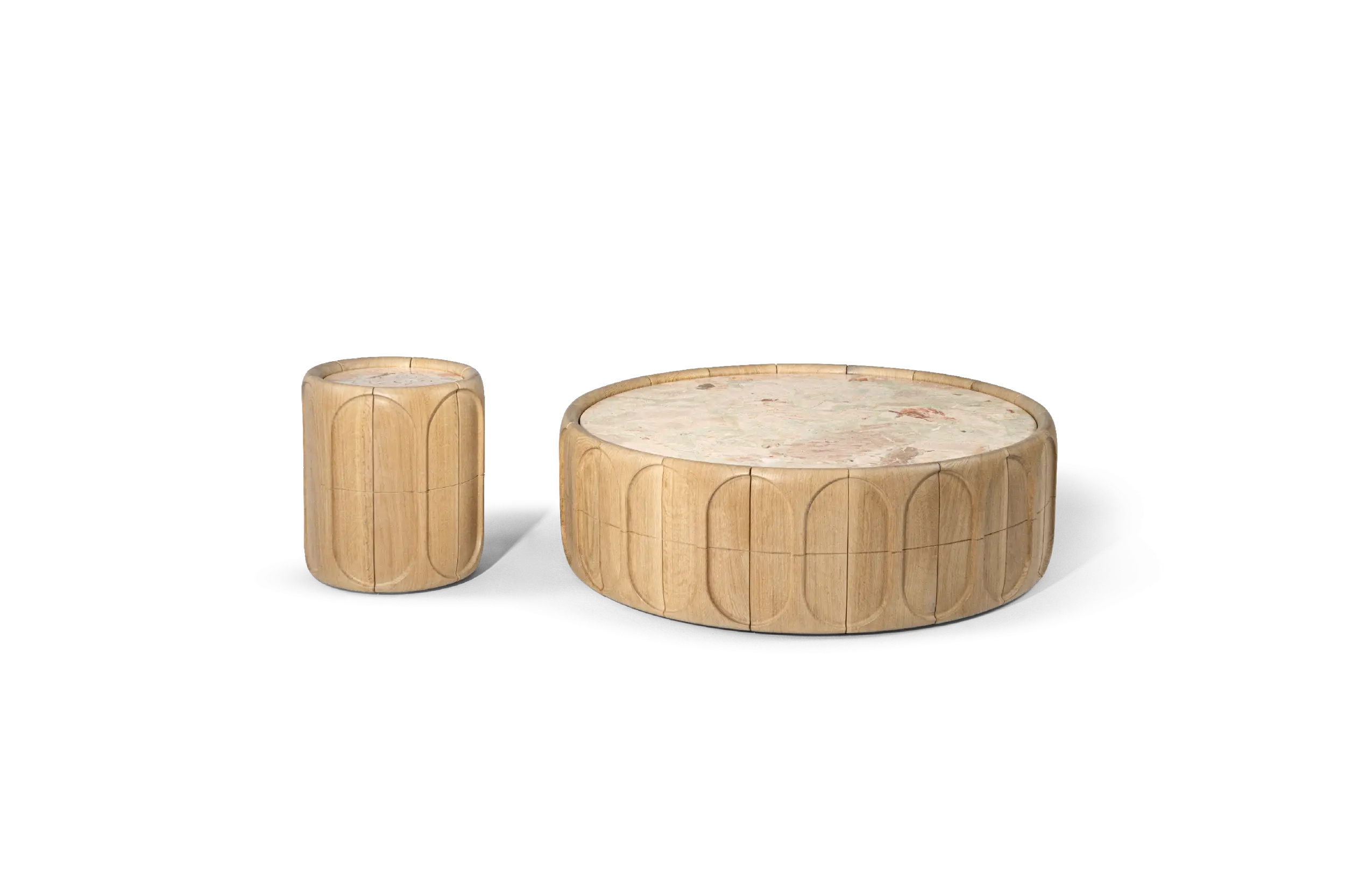 Sculptural Wooden Round Coffee Table & Side Table Set