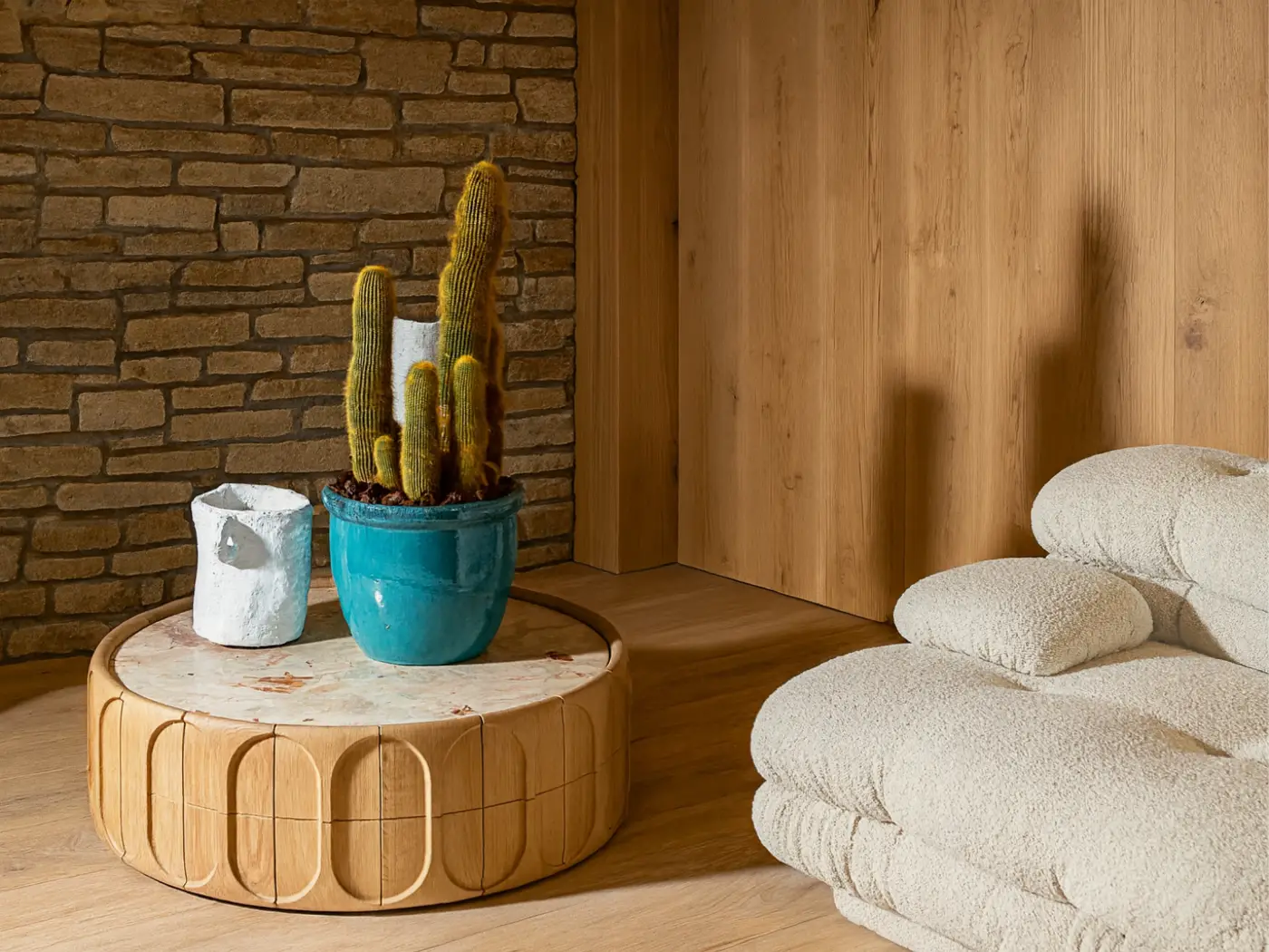 Sculptural Wooden Round Coffee Table & Side Table Set