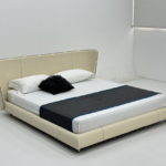 Beige Leather Curved Bed Stitched Detail Design with Sleek Metal Legs
