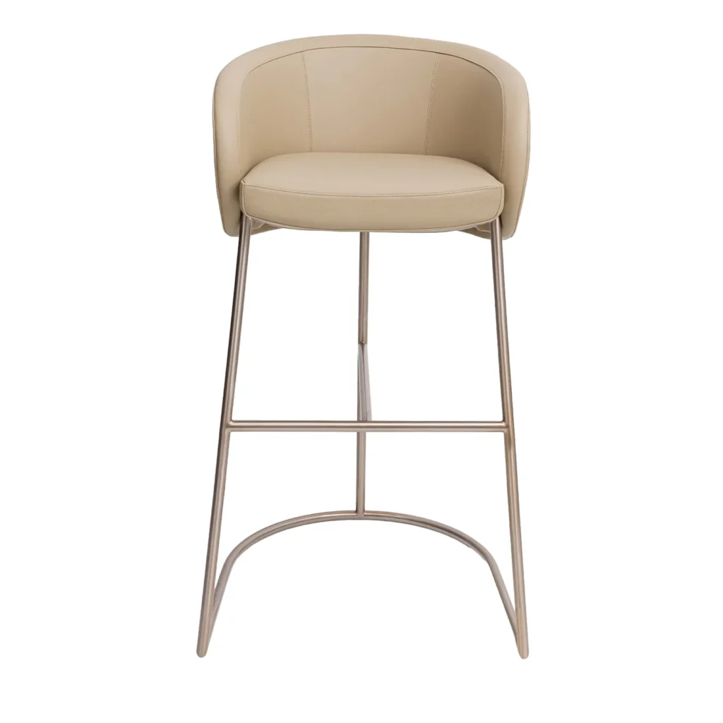 Beige Upholstered Bar Stool with Brushed Metal Frame