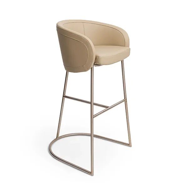 Beige Upholstered Bar Stool with Brushed Metal Frame