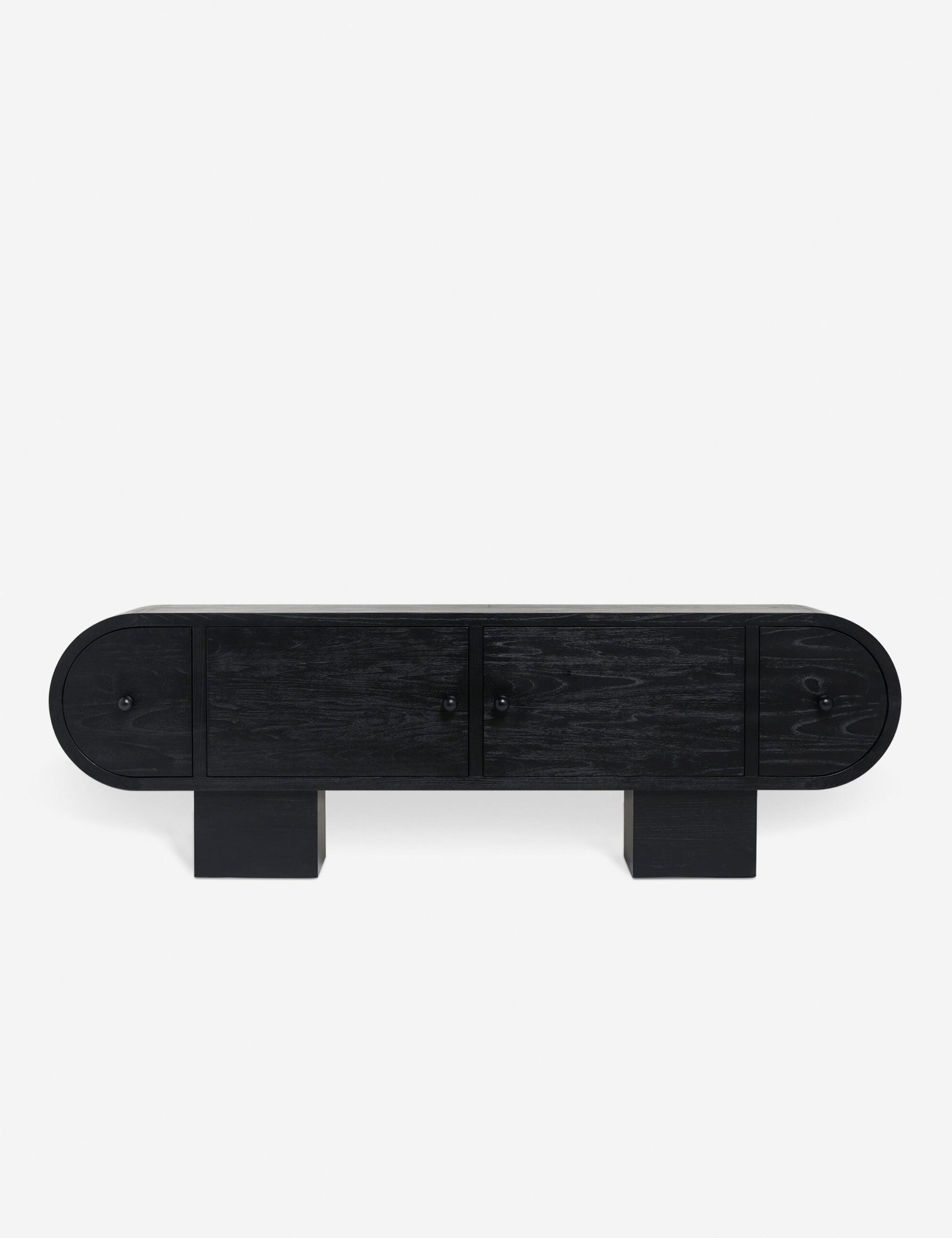 Black Wooden TV Console Curved Door Design Block Legs Modern Minimalist Storage Cabinet