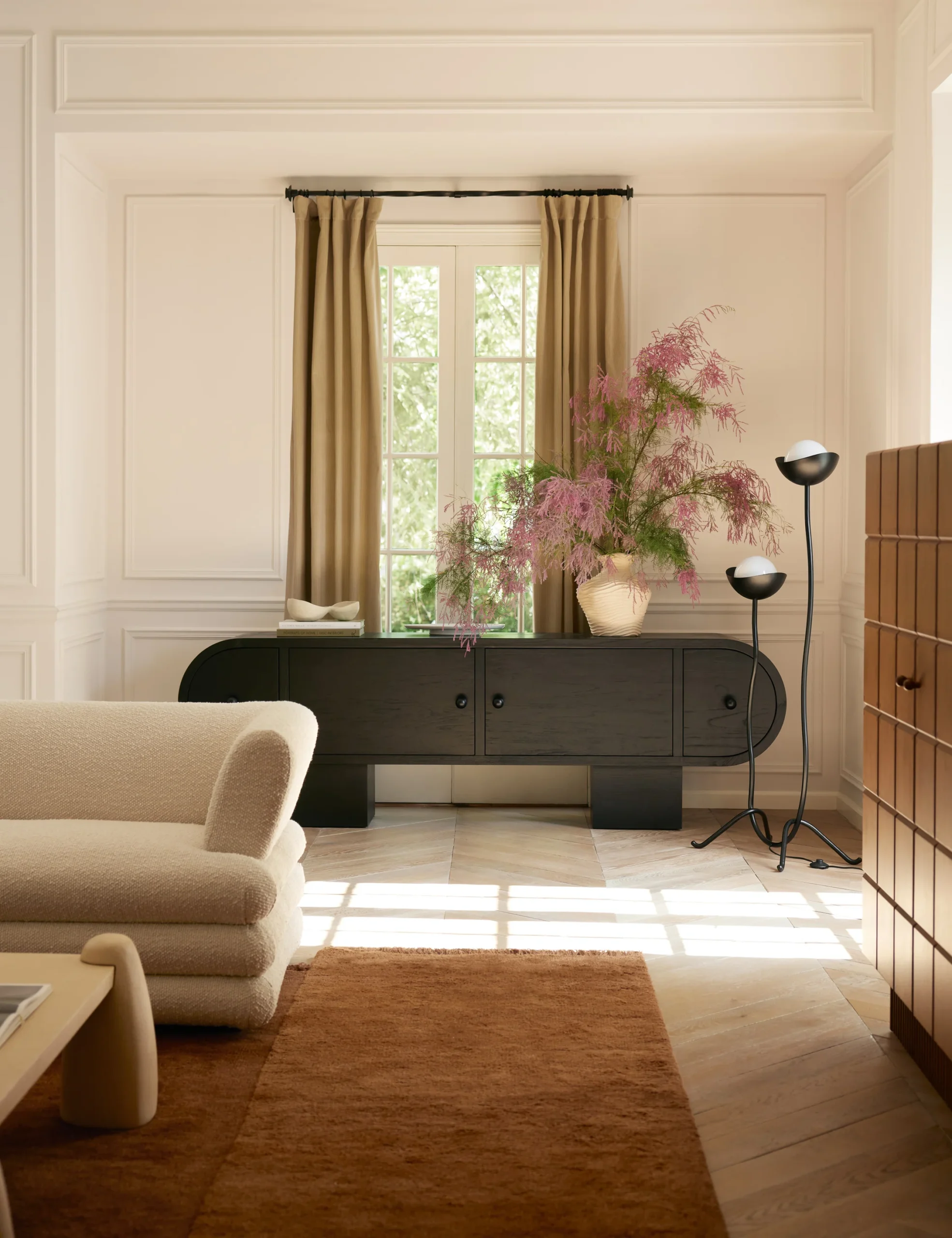 Black Wooden TV Console Curved Door Design Block Legs Modern Minimalist Storage Cabinet
