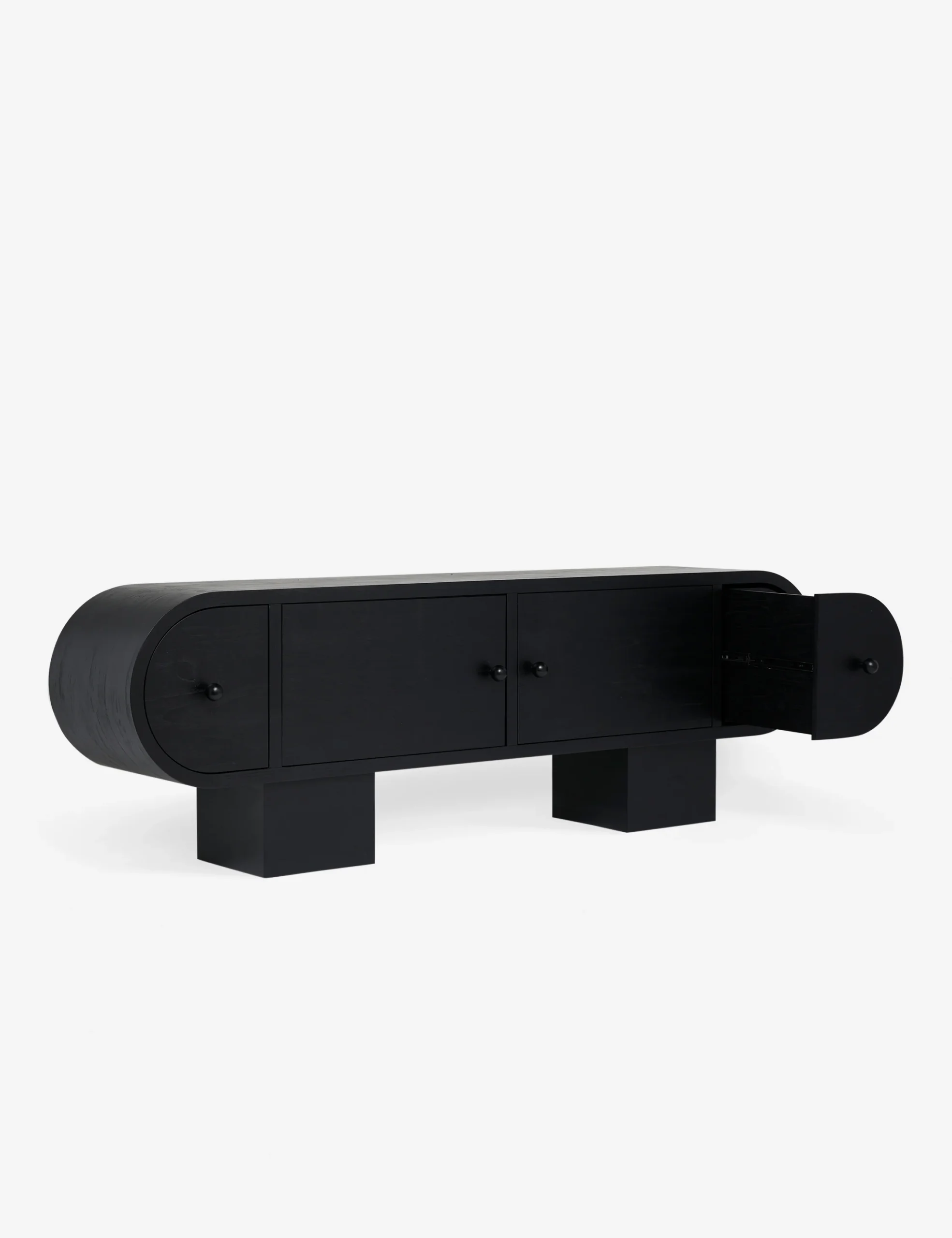 Black Wooden TV Console Curved Door Design Block Legs Modern Minimalist Storage Cabinet