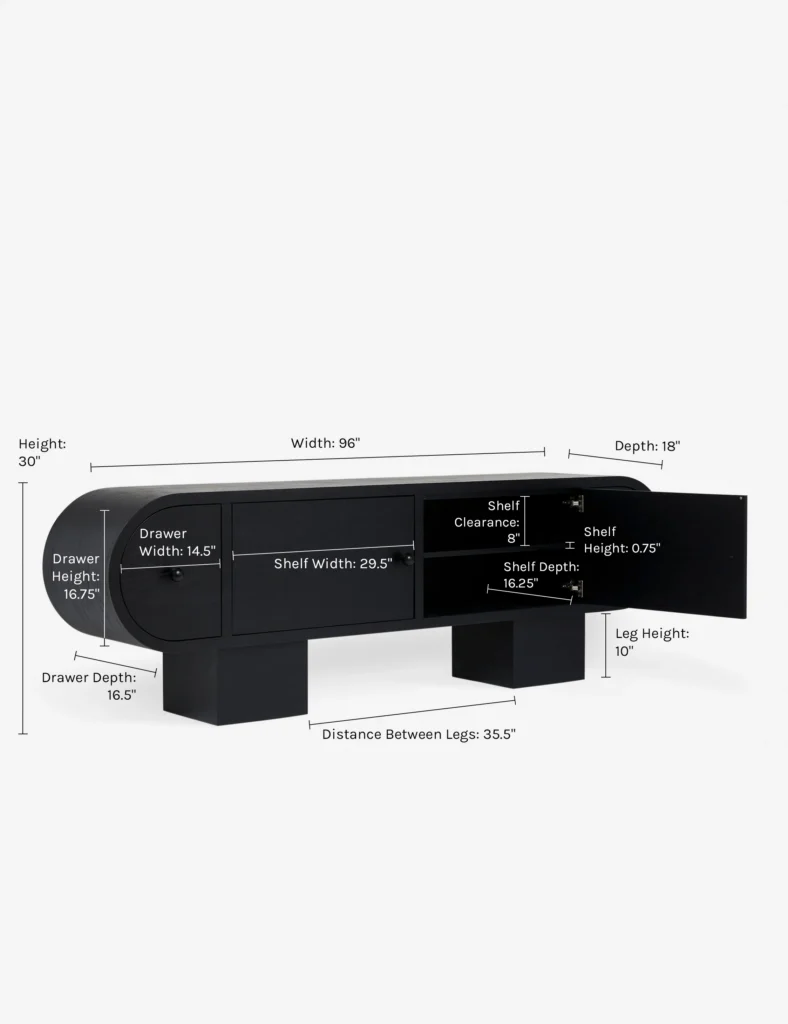 Black Wooden TV Console Curved Door Design Block Legs Modern Minimalist Storage Cabinet