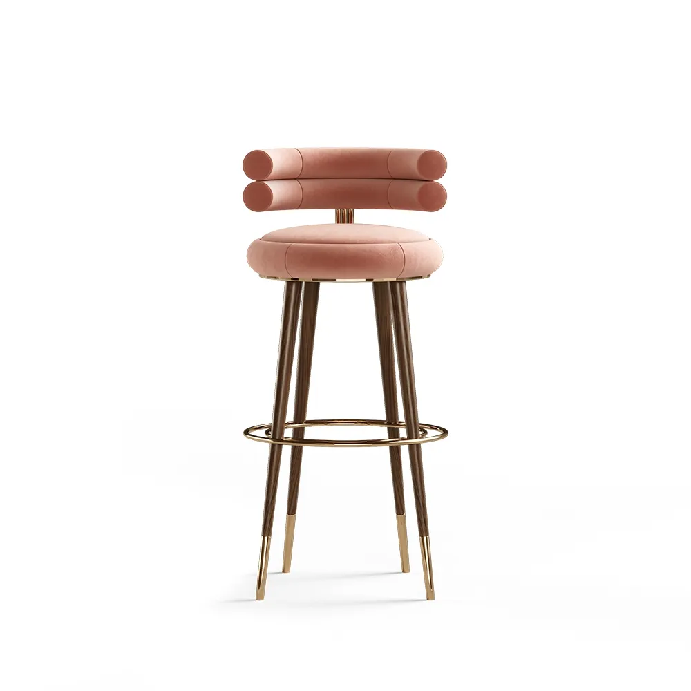 Blush Pink Velvet Upholstered Bar Stool with Gold Accents