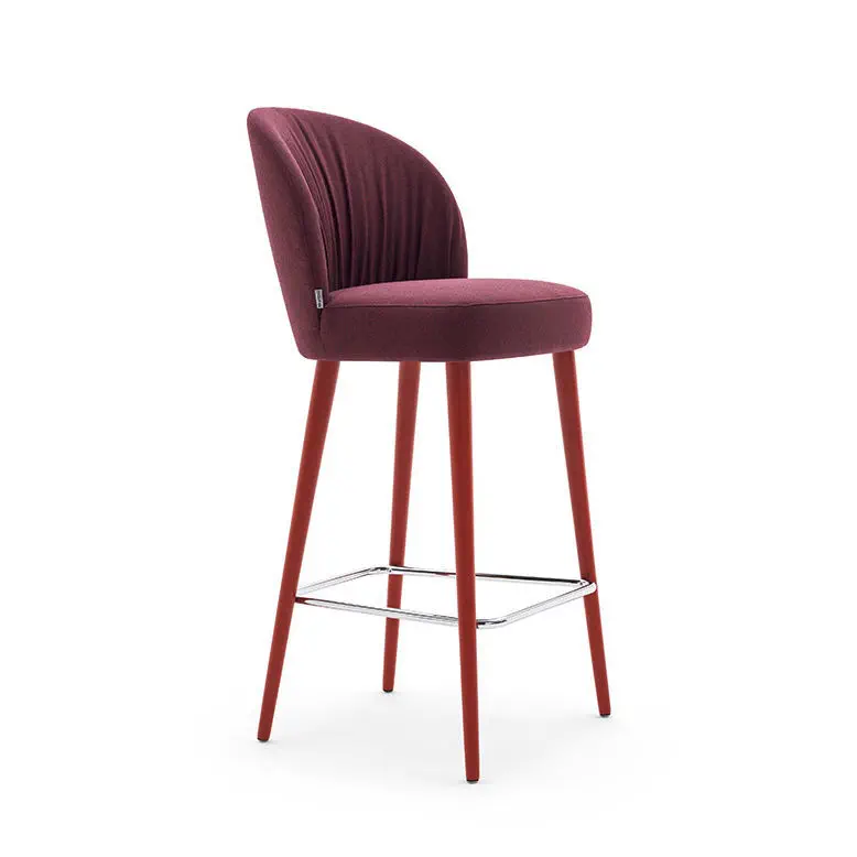 Burgundy Pleated Fabric Bar Stool with Black Metal Legs
