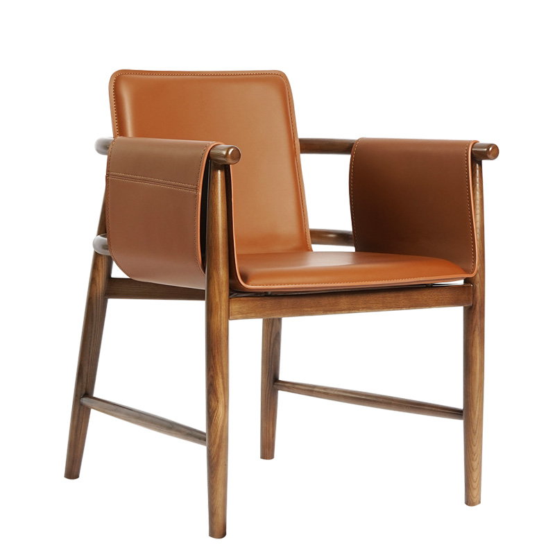 Tan Leather Upholstered Walnut Wood Armchair