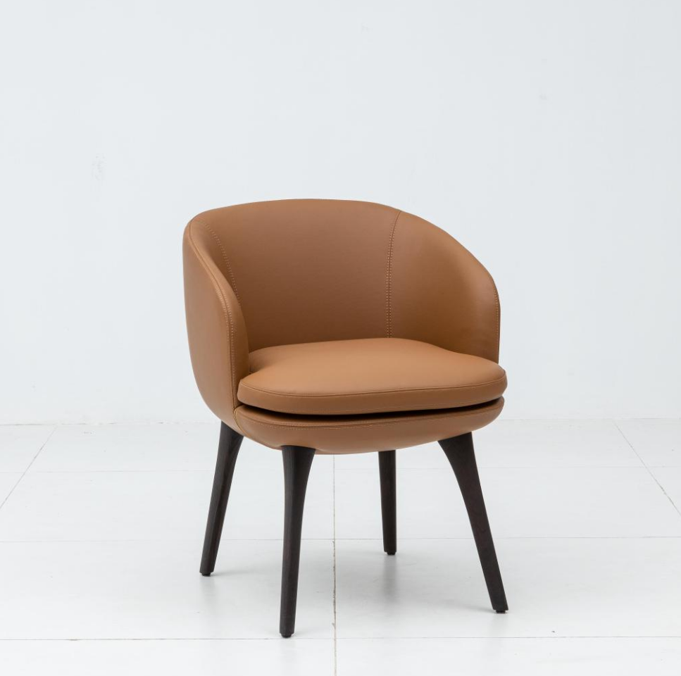 Curved Back Brown Leather Chair with Wood Legs