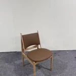 Light Brown Leather Upholstered Natural Wood Frame Mid Century Dining Chair