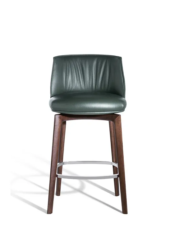 Dark Green Leather Upholstered Walnut Wood Bar Stool with Footrest