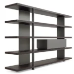 Five Tier Dark Wooden Open Display Shelf with Metal Frame and Drawer