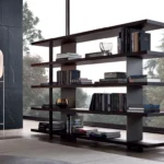 Five Tier Dark Wooden Open Display Shelf with Metal Frame and Drawer
