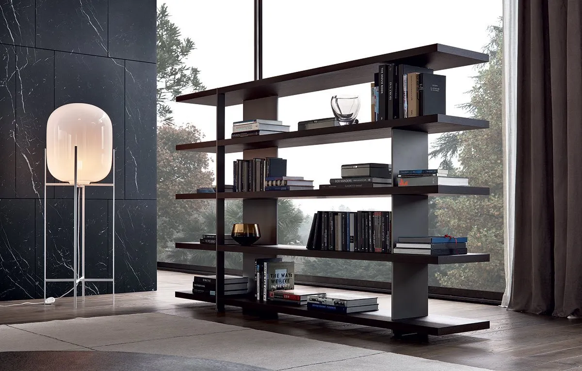 Five Tier Dark Wooden Open Display Shelf with Metal Frame and Drawer