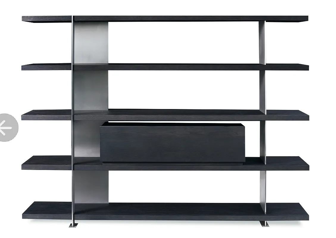 Five Tier Dark Wooden Open Display Shelf with Metal Frame and Drawer