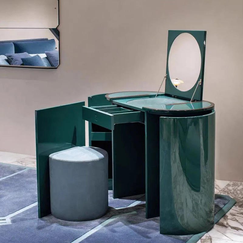 Italian Minimalist Luxury Emerald Green Solid Wood Adjustable Folding Mirror Vanity with Storage